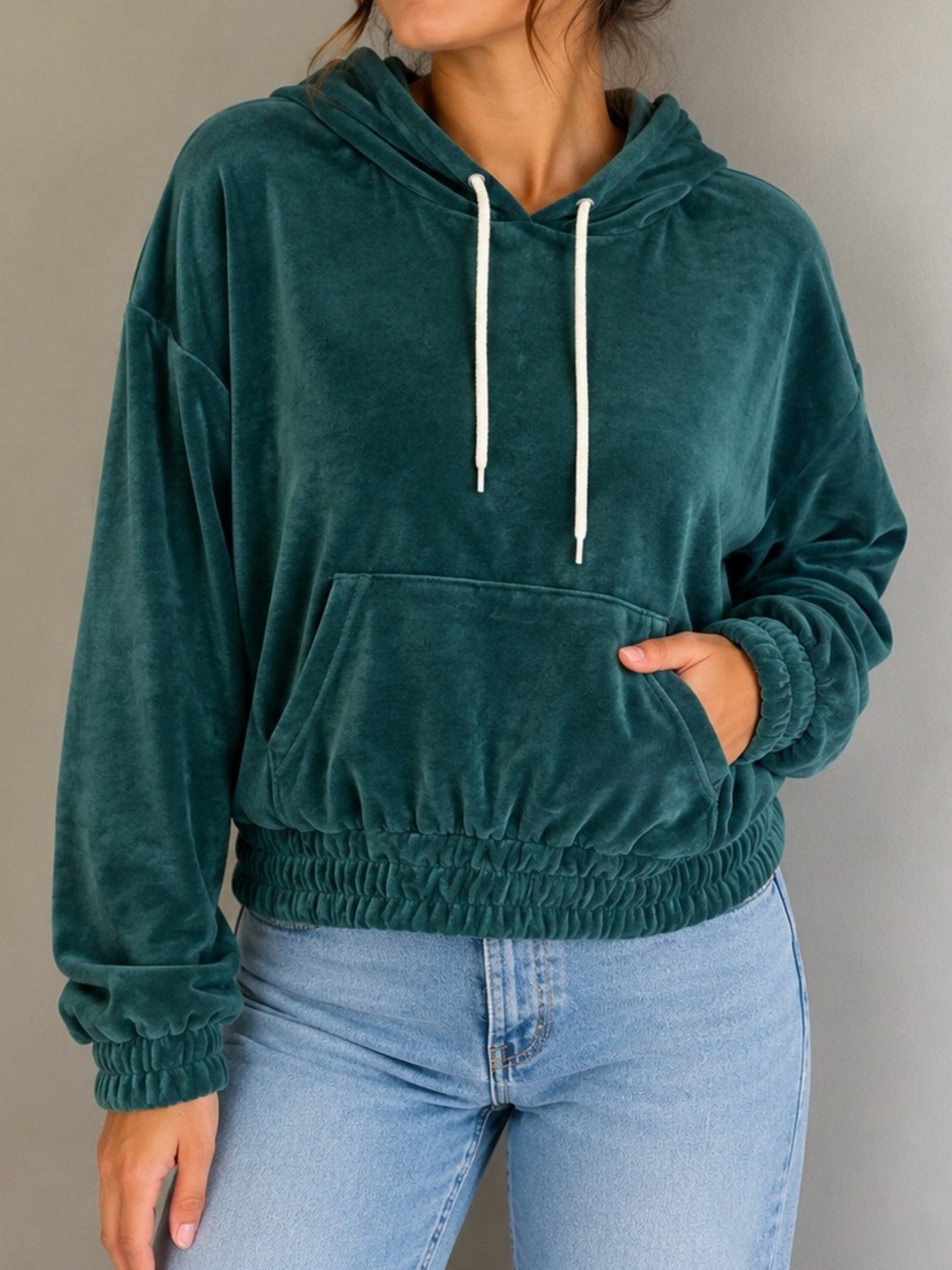 Weekend Edition Teal Velour Feel Cropped Hoodie Size Small